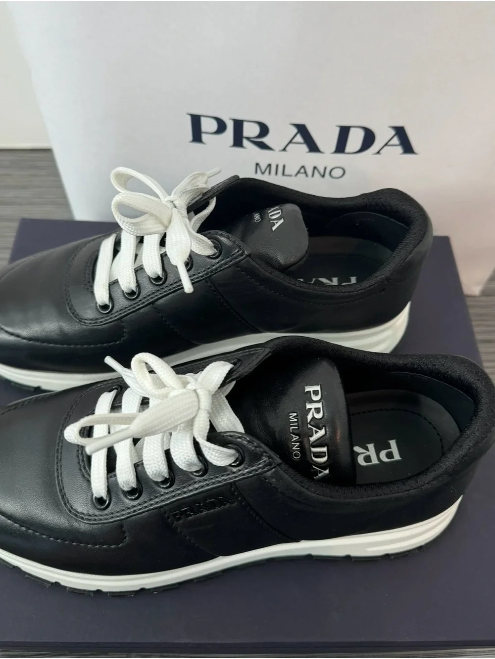 Prada Black Leather Sneakers with White Soles and Laces - Picture 2 of 2